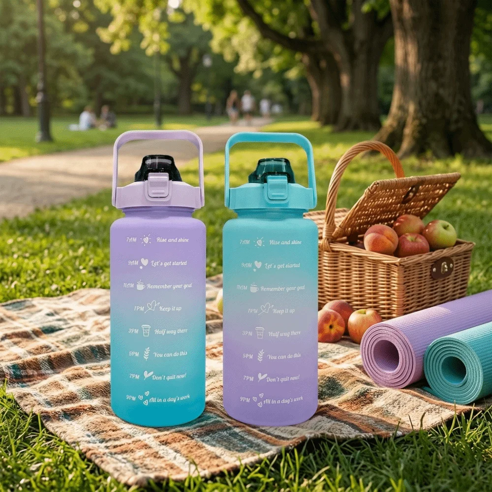 2000ml Tube Cup Matte Frosted Food Grade Resin Water Cup Gradient Color Outer Shell Cylindrical Cup Drink Tumbler Travel Use