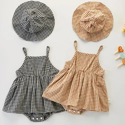 Newborn Baby Girls Jumpsuit+Hat Sleeveless Cotton Plaid Toddler Baby Girl Dress Romper Baby Girls Clothes For Summer