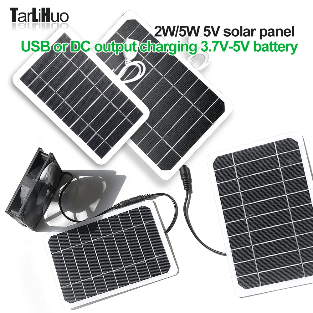 2W/5W 5V Solar Panel USB or DC Output Charge 3.7V-5V Battery, Fan + PET PV Plate Exhaust Fan Chicken Dog Cat Solar Airflow Fan