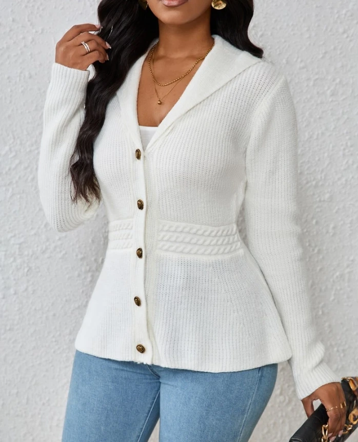 

Women's Elegant Top 2024 Autumn/Winter New Collection: Collar Buckle, Long Sleeve Down Knitted Sweater, Pullover, in Stock