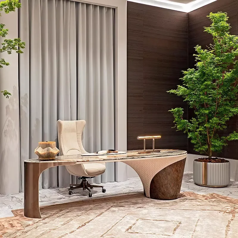 Italian Light Modern Natural Stone Marble Writing Desk with Drawers for High-end Villa Boss Table