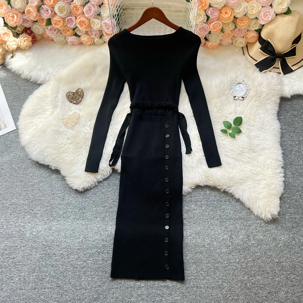 YuooMuoo – robe une pièce Chic, mode, ventre nu, boutons Y2K, Sexy, paquet de hanches, tricotée, robe de soirée pour dames, automne 2025