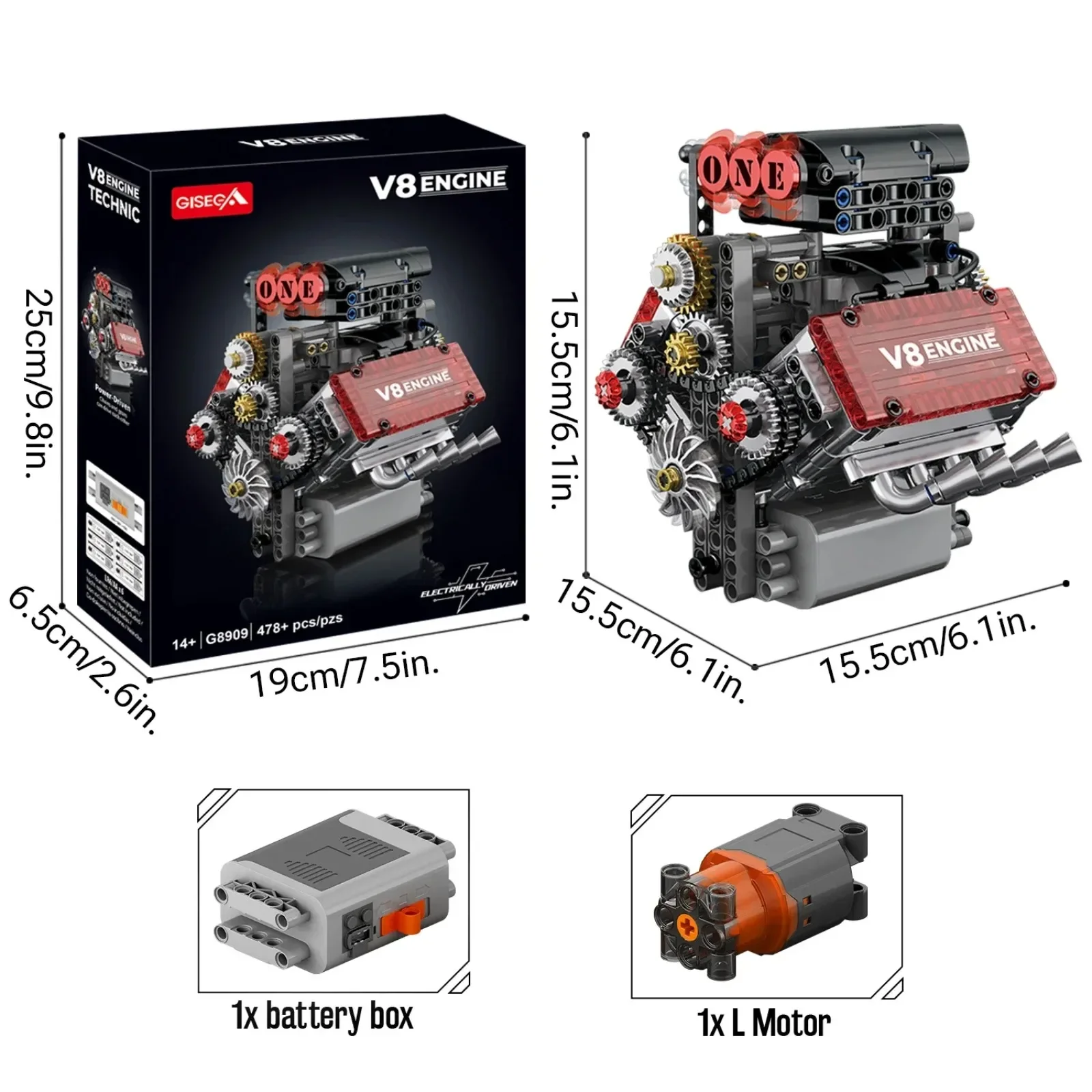 

G8909 478pcs V8 Engine Technical Building Blocks with L Motor DIY Car Model Educational Toy Battery Case Included