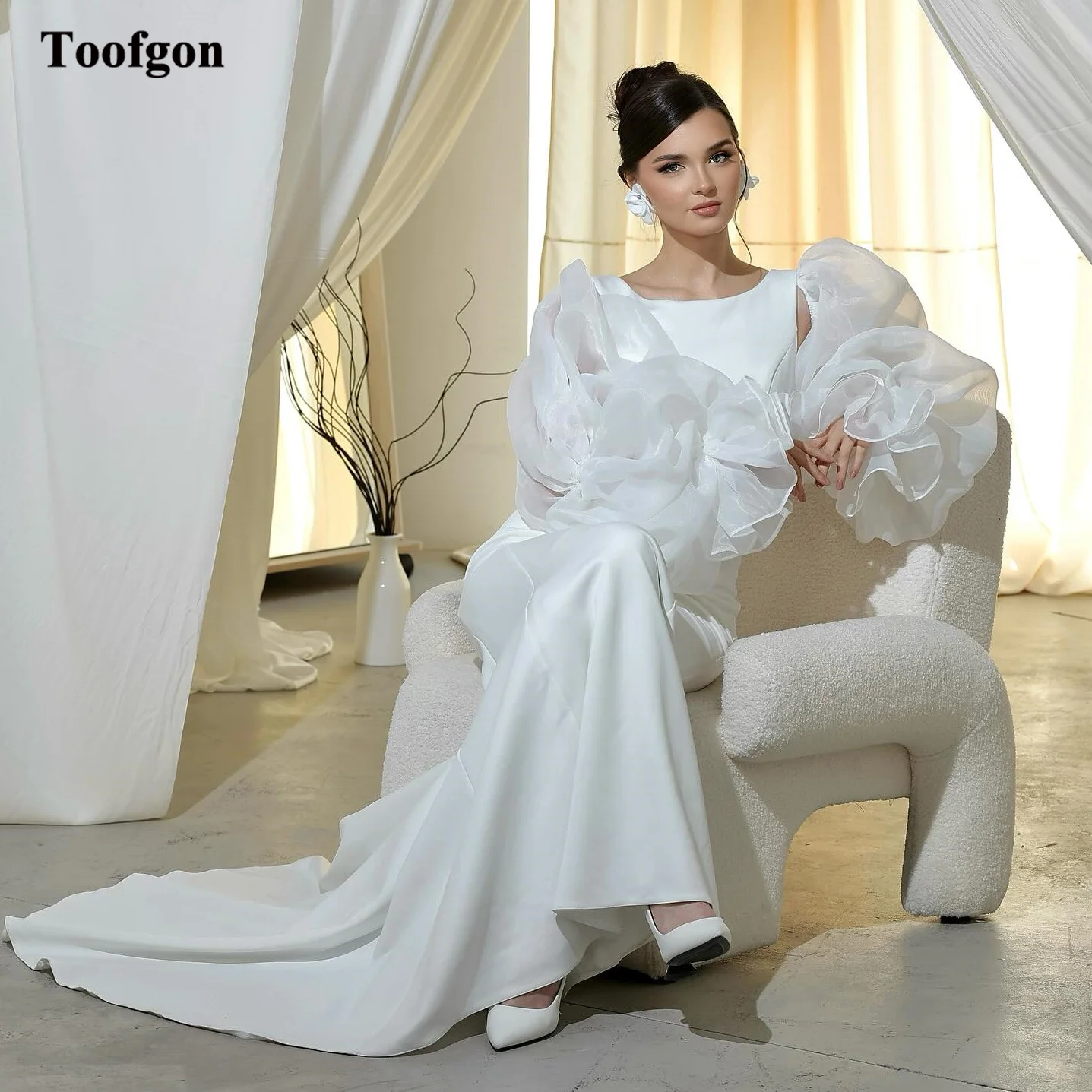 Toofgon Elegant Mermaid Satin Wedding Party Dresses Organza Long Sleeves Scoop Bride Dress Open Back Princess Bridal Gowns 2024