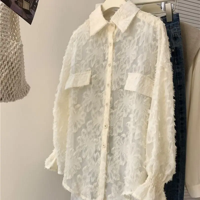 Spring and Summer New Polo Collar Semi-transparent Sexy Shirt Jacket Design Sense Niche Cardigan Top