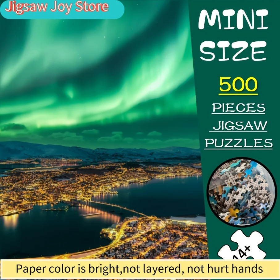 

A Mini Paper Puzzle Set That Fits Together Seamlessly, Designed for Adults. Titled 'Urban Aurora', This Portable Card Game Is