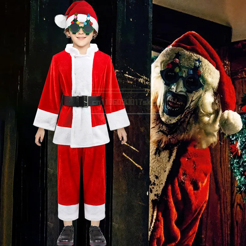 

Terrifier Clown Christmas Clown For Boy Christmas Santa Claus Cosplay Costume with Glasses
