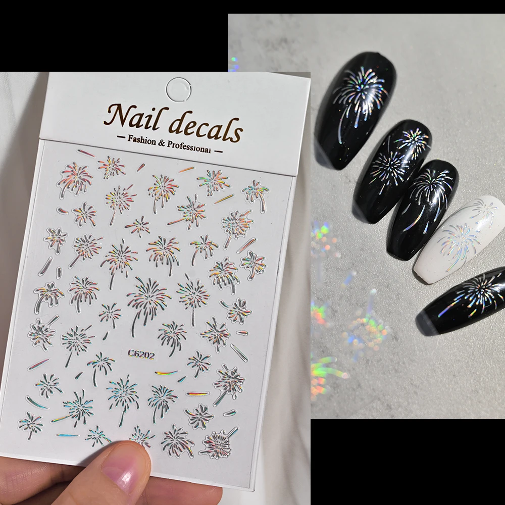 1pcs 3D Blooming Firework Nail Art Stickers Shining Bronzing Gold Sliver Nail Decals Self-Adhesive New Year Nail Art Decora Diy