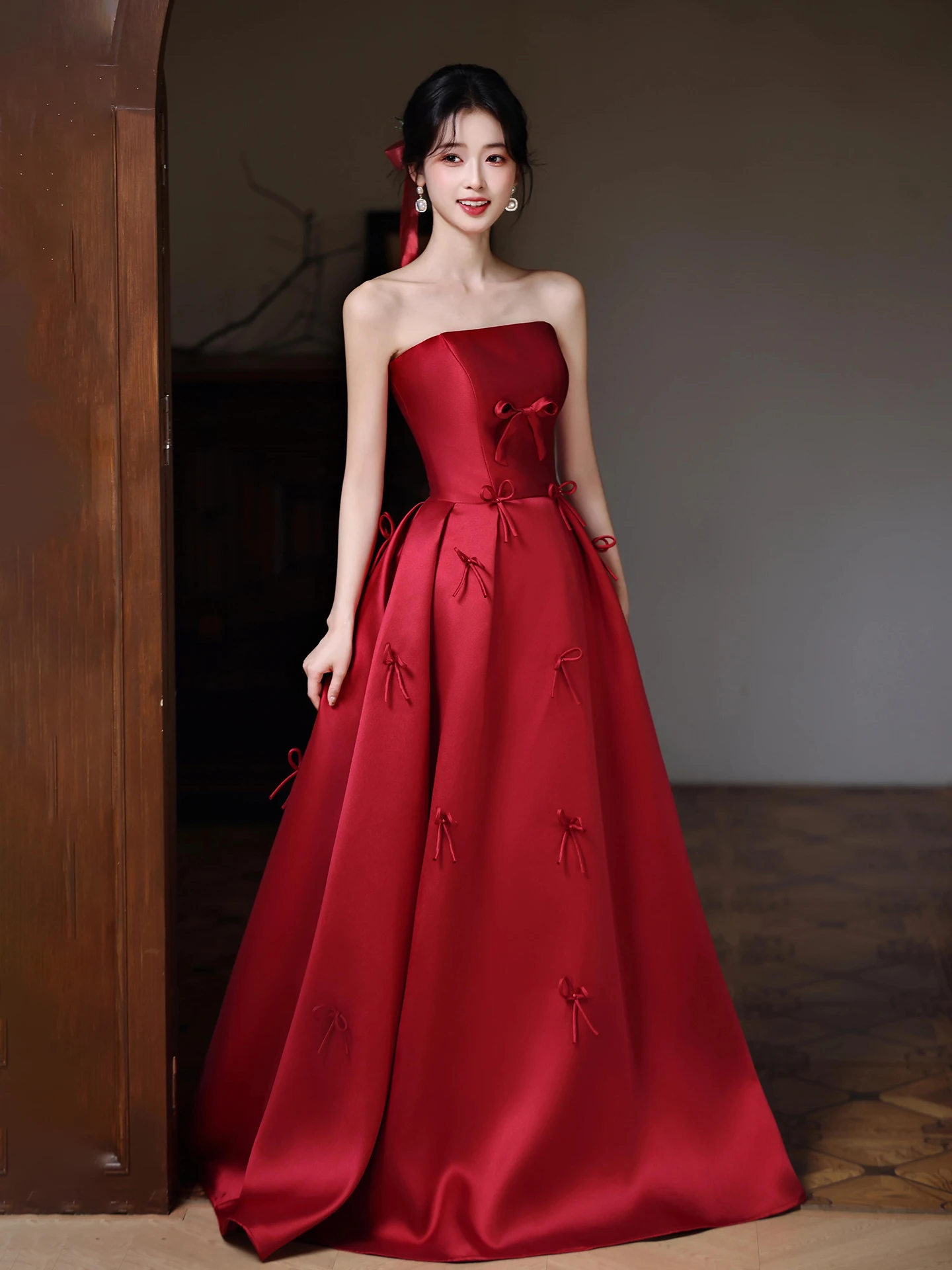 

Red Bridesmaid Long Dr Materni Wear Cover up Wedding Dr plus Size Slimming Bridal Gown Korean Sle Polyester Fiber