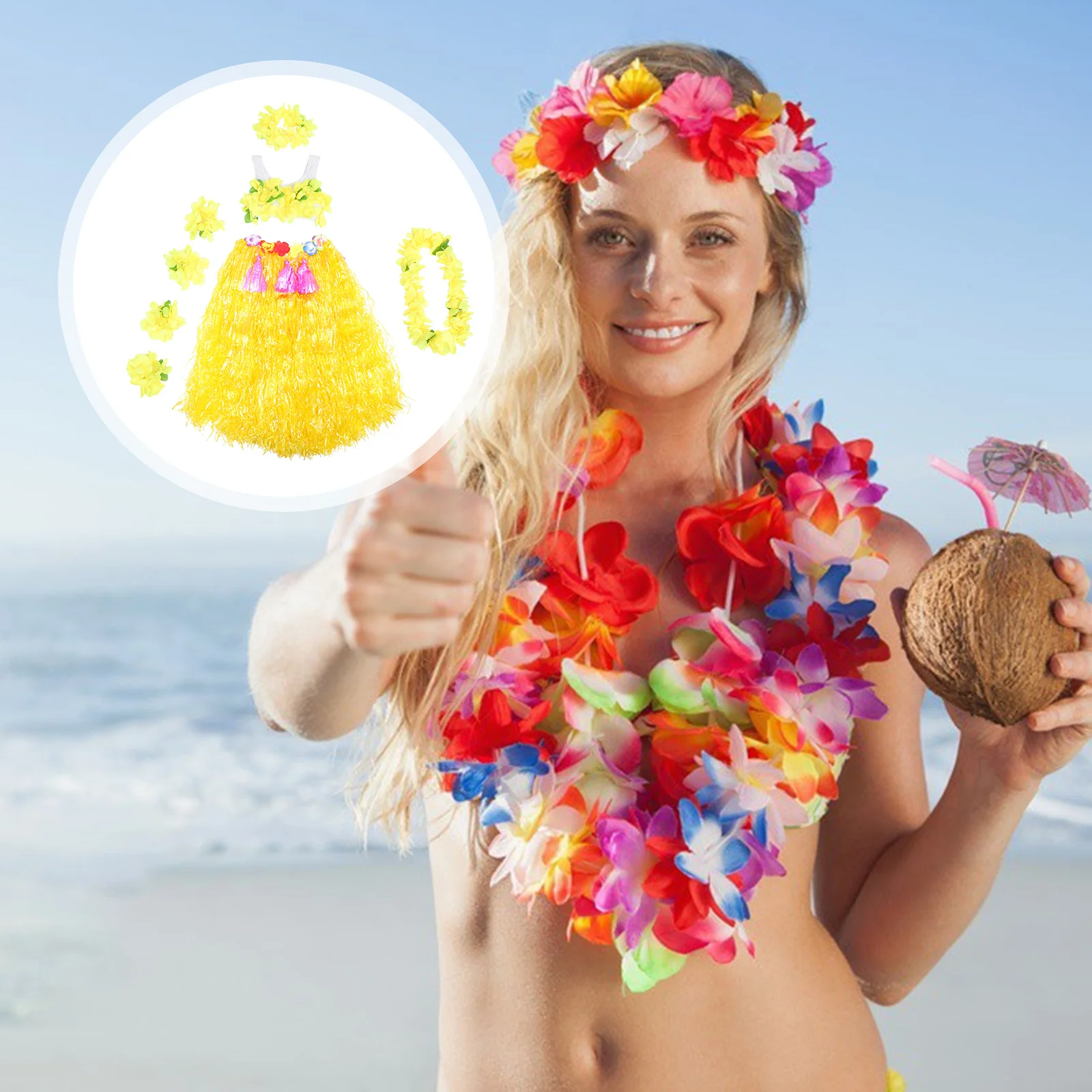 

6Pcs Hawaii Hula Grass Skirt Set Kids Flower Necklaces Headband Bra Bracelets 80cm Pink for Tropical Party Hawaii Grass Skirt