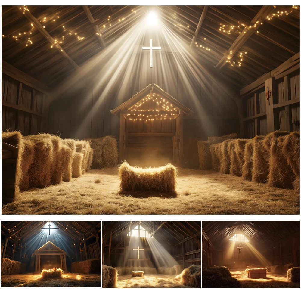 

Nativity Birth of Jesus Backdrop Christmas Cross Grail God Bless Wooden House Farm Barn Baby Shower Photography Background Decor