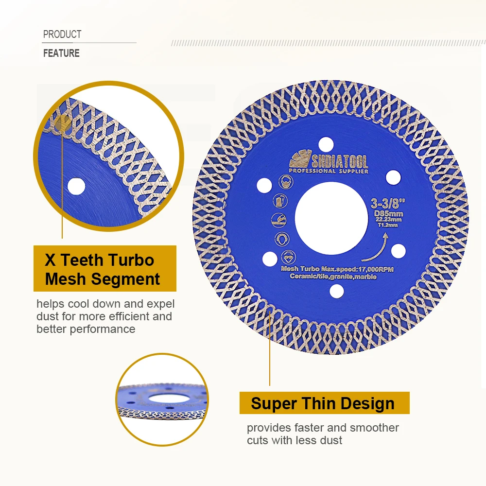 SHDIATOOL Dia85mm Diamond Cutting Disc X Mesh Turbo Saw Blade Tile Cutter Ceramic Marble Porcelain Saw Blade Bore 22.23mm