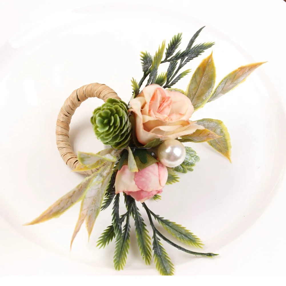 Double Rose Napkin Rings Set of 4 Pink Flower Napkin Rings with Berries and Green Leaves Handmade Napkin Ring Holders