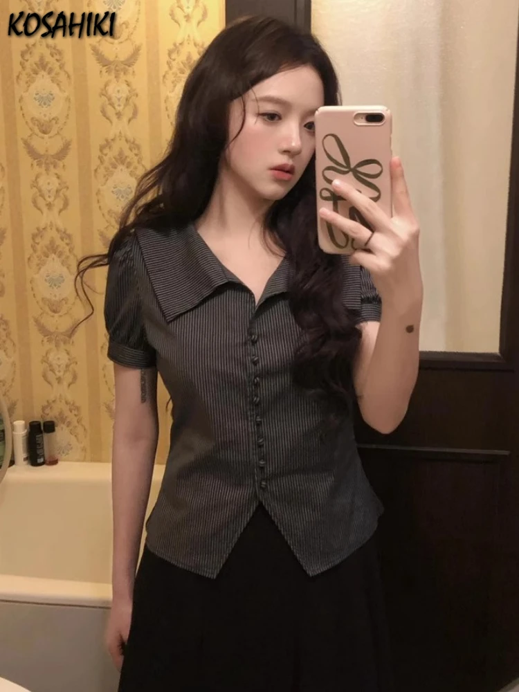 

Y2k Aesthetic Women Striped Blouse Harajuku Casual Single Breasted Slim Fit Grunge Shirt Streetwear Grunge Puff Sleeve Blusas