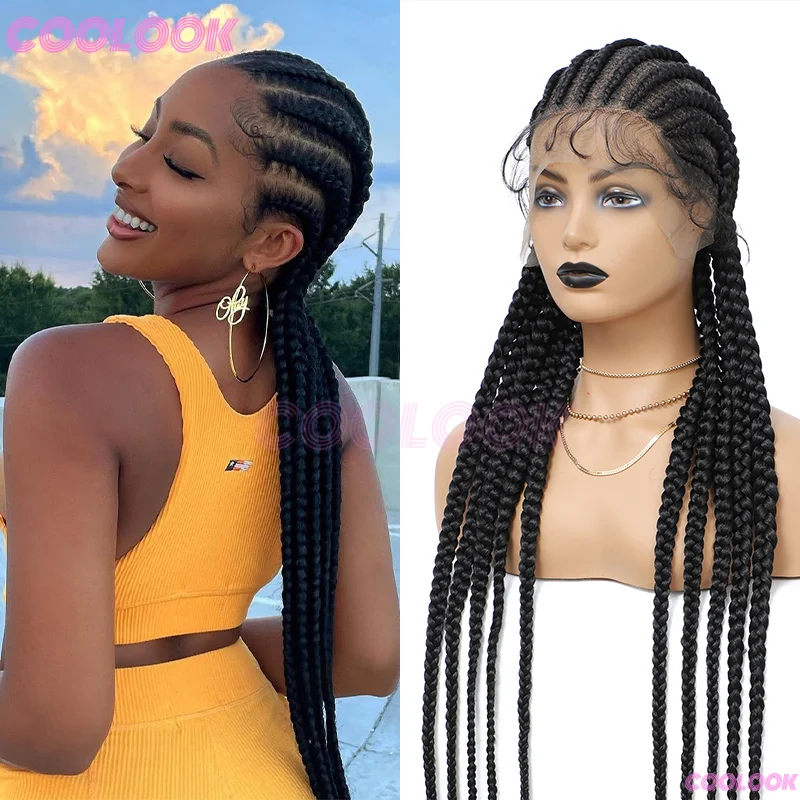 36 "360 كامل الرباط الباروكات للنساء السود شعر مستعار اصطناعي كورنو الضفائر الدانتيل الباروكات شعر مستعار أسود الأفريقي