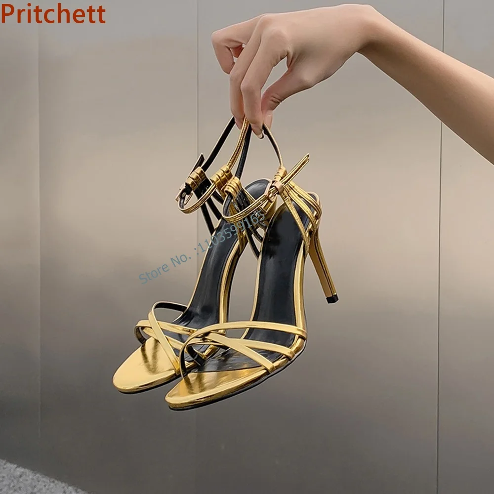 

Narrow Band Ankle Band Sandals Round Toe 9 Cm Thin Heels Buckle Strap Slingback Stiletto Shoes Summer Luxury Party Runway Shoes
