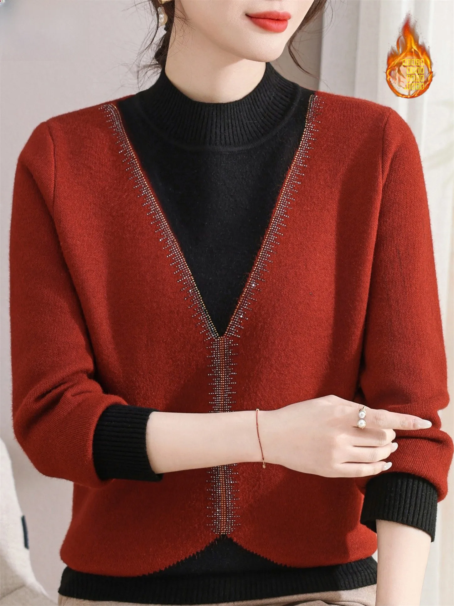 

Thiened Fce Lined Knitted Base irt Women's Autumn Winter Faion Warm One-Piece Velvet Inteated Sweater for Middle-A...