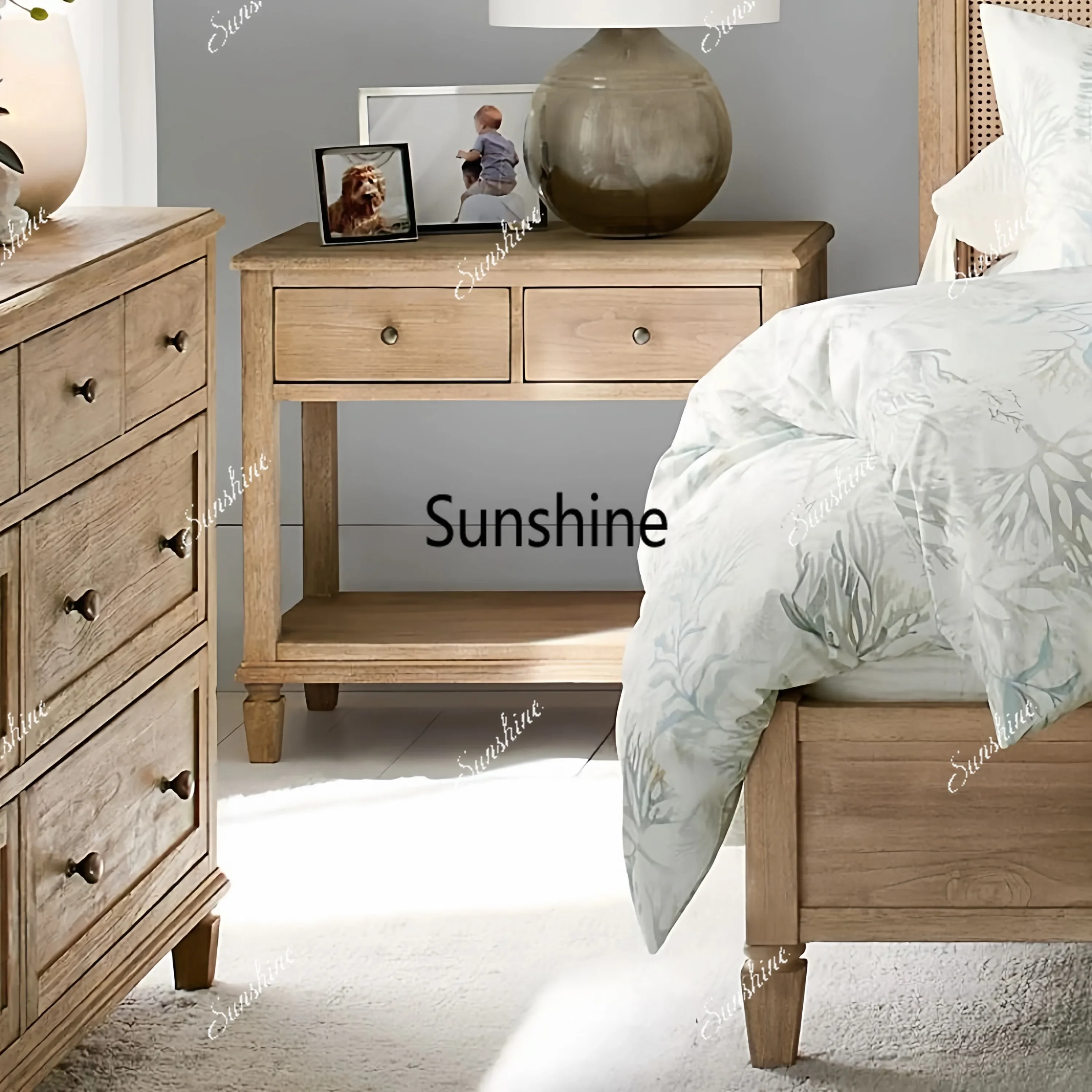 

Retro style solid wood bedside storage bedroom furniture storage cabinet double drawerY