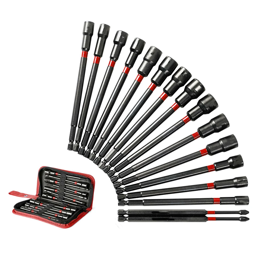 Magnetic Nut Driver Set Portableaccessories 1/4\\\'\\\' Shank 16 Pcs/set Black/red Easy To Store Hex Shank Long Shank