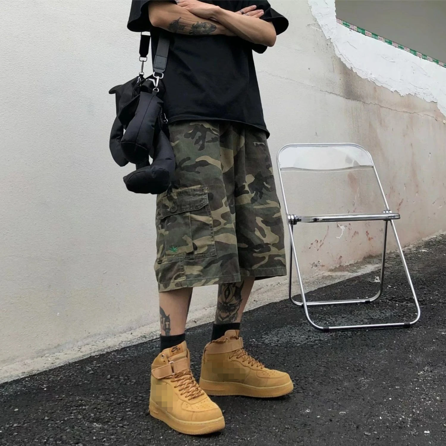 Shorts Men Clothing Loose Street Camouflage Wide-Leg Elastic Waist Casual Versatile Below The Knee Shorts Knee Length Summer