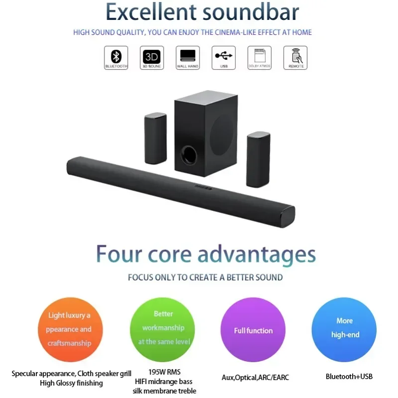 The New Listing High Sound Quality 5.1.2ch  195W Tv Sound Bar Speaker Soundbar With Subwoofer for Home Theatre System