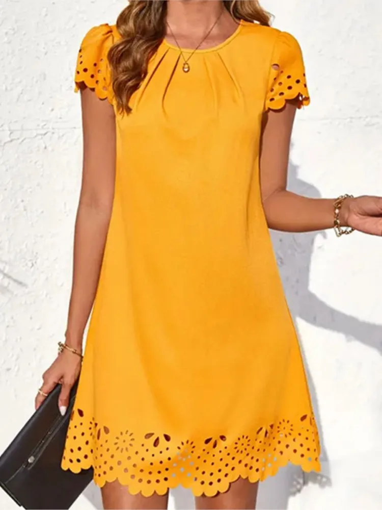 

Fashion Office Solid Dress Lady Casual O Neck Short Sleeve Hook Flower Hollow Mini Dresses For Women Summer Womens Clothing New