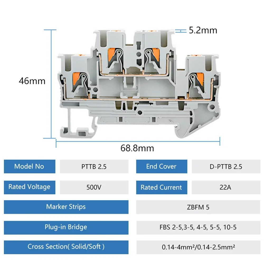 DINレール端子台、PTTB-2.5、電気コネクタ、二層スプリング、配線接続、ワイヤー導体、スクリューレスタイプ、10個