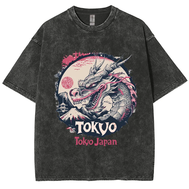 

Japanese Cartoon Dragon Image Print Washed Denim Vintage Women T-Shirt Oversized Loose Crew Neck Harajuku Style Top 2024 Summer