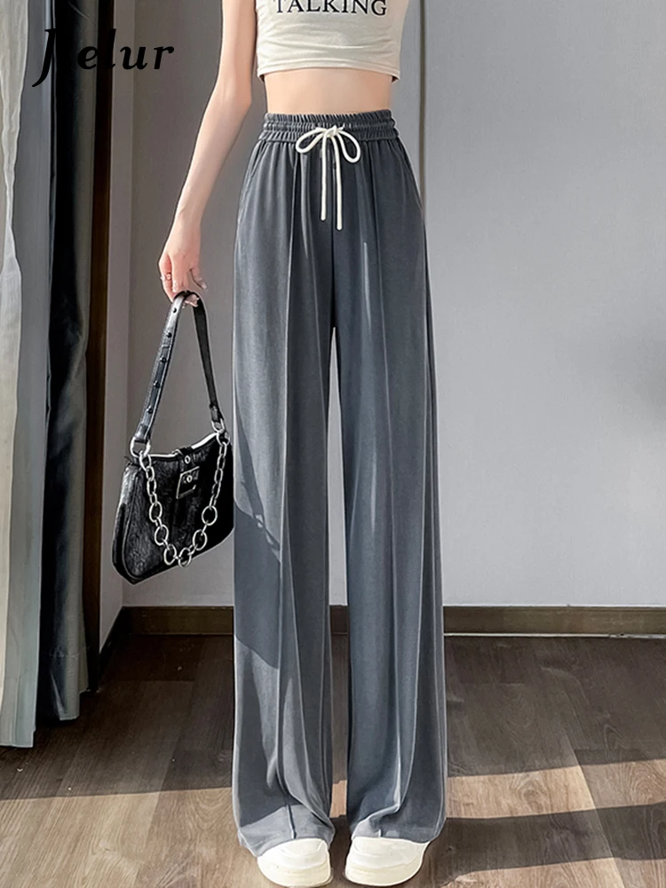 

Jielur Solid Color Drawstring Wide Leg Pants Women Summer High Waist Casual Pants Elastic Waist Loose Straight Trousers Female
