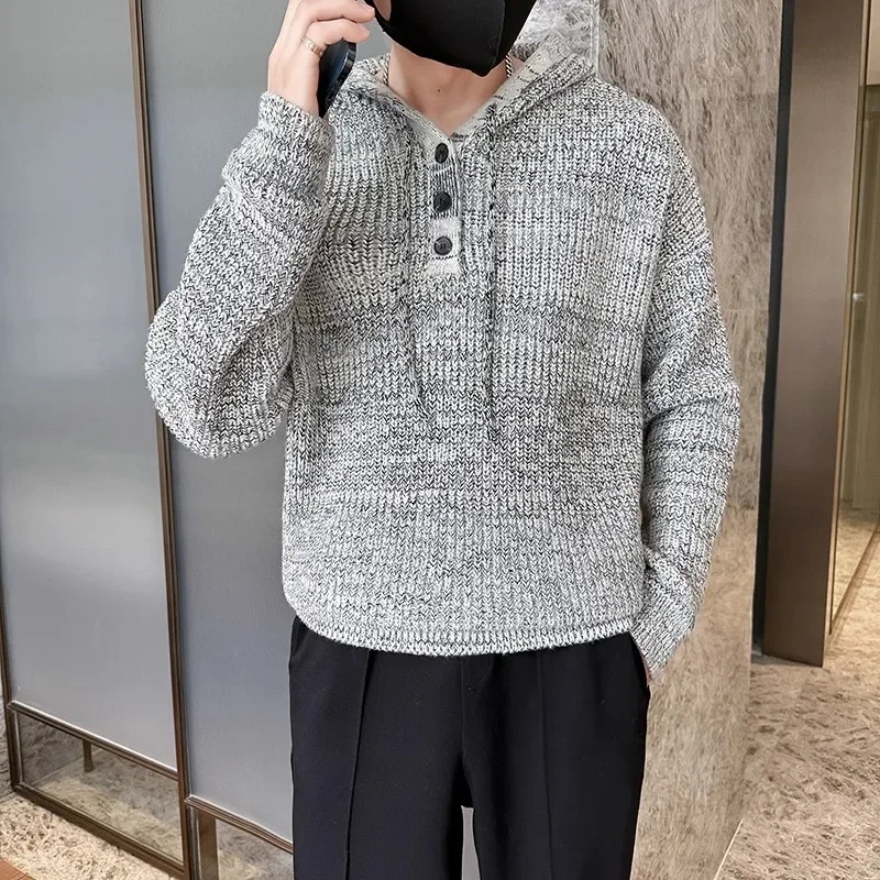 

2023 Autumn Winter Hooded Knitted Sweater Men Loose Casual Pullovers Long Sleeve Social Streetwear Knitwear Tops Men Clothing