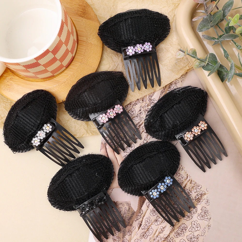 Rhinestone Flower Puff Hair Head Cushion, Invisible, Fluffy, Hair Pad, Esponja, Clip Bun, Base para Mulheres, Meninas, Acessório de Cabelo