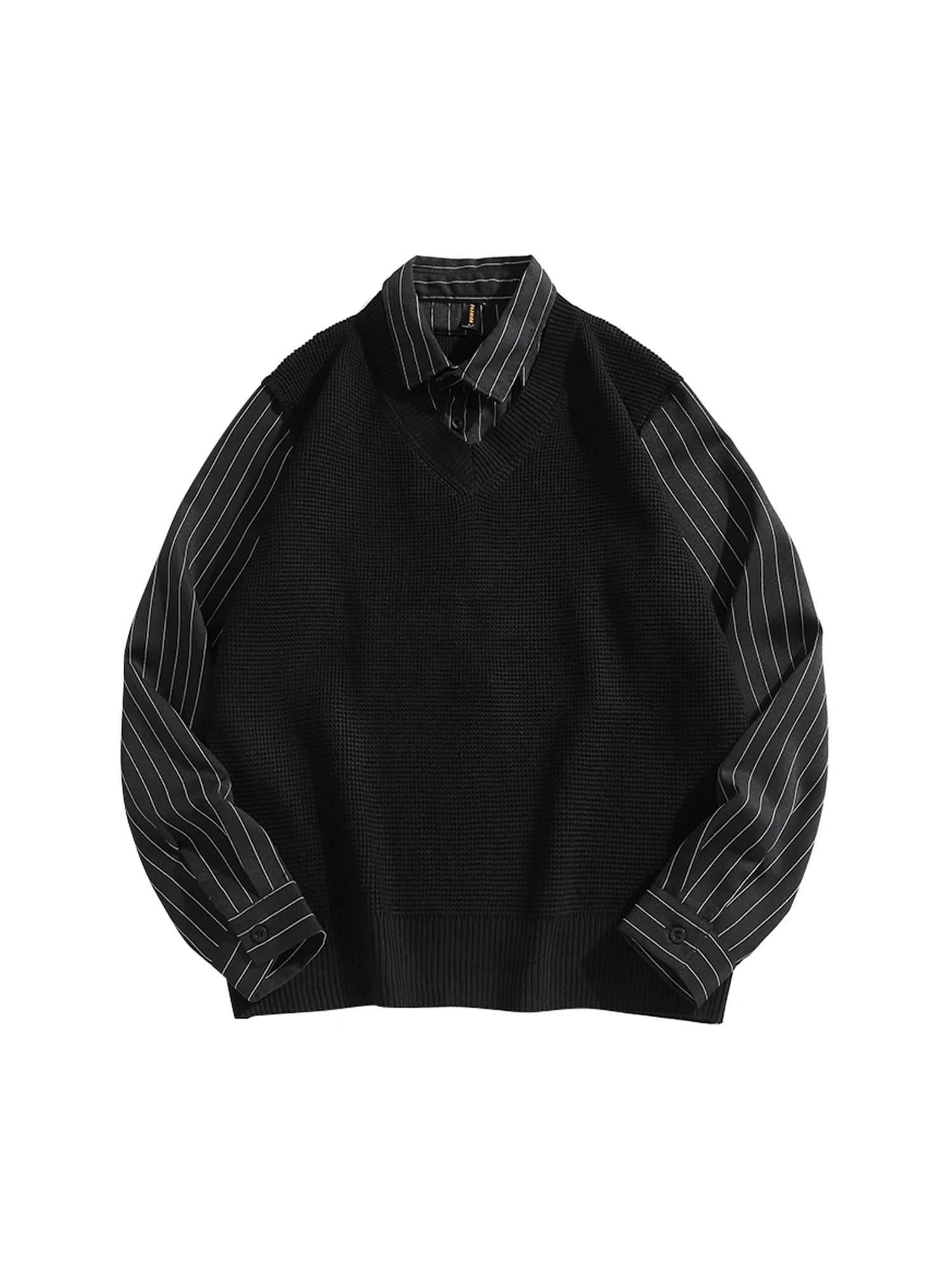 

Women's Black Gothic Patchwork Striped Shirts Blouses Vintage Elegant 2000s Long Sleeve Polo-Neck Shirt Clothes Spring Autumn