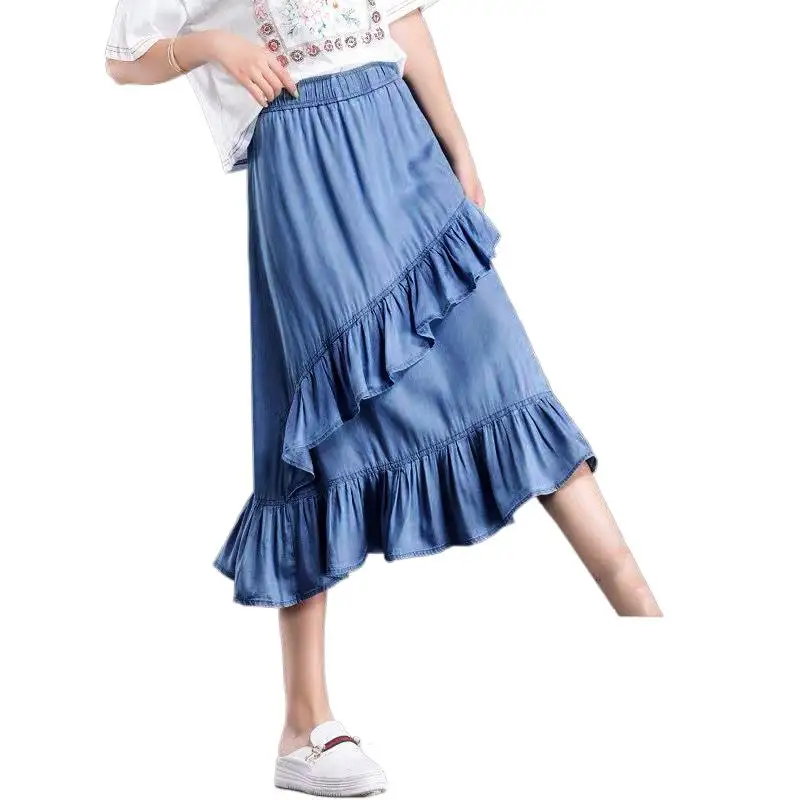 Zwart Blauw plus size dames hoge taille denim rok met ruches lente zomer asymmetrische elegante lange rok katoenen rokken