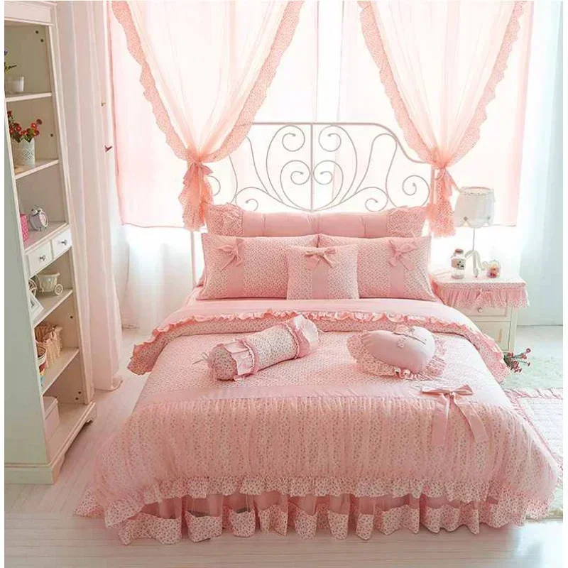 Korean Style Princess Bedding Sets 100% Cotton Pink Cherry Printing Lace Duvet Cover Ruffles Bow Bedspread Bed Skirt Pillowcases