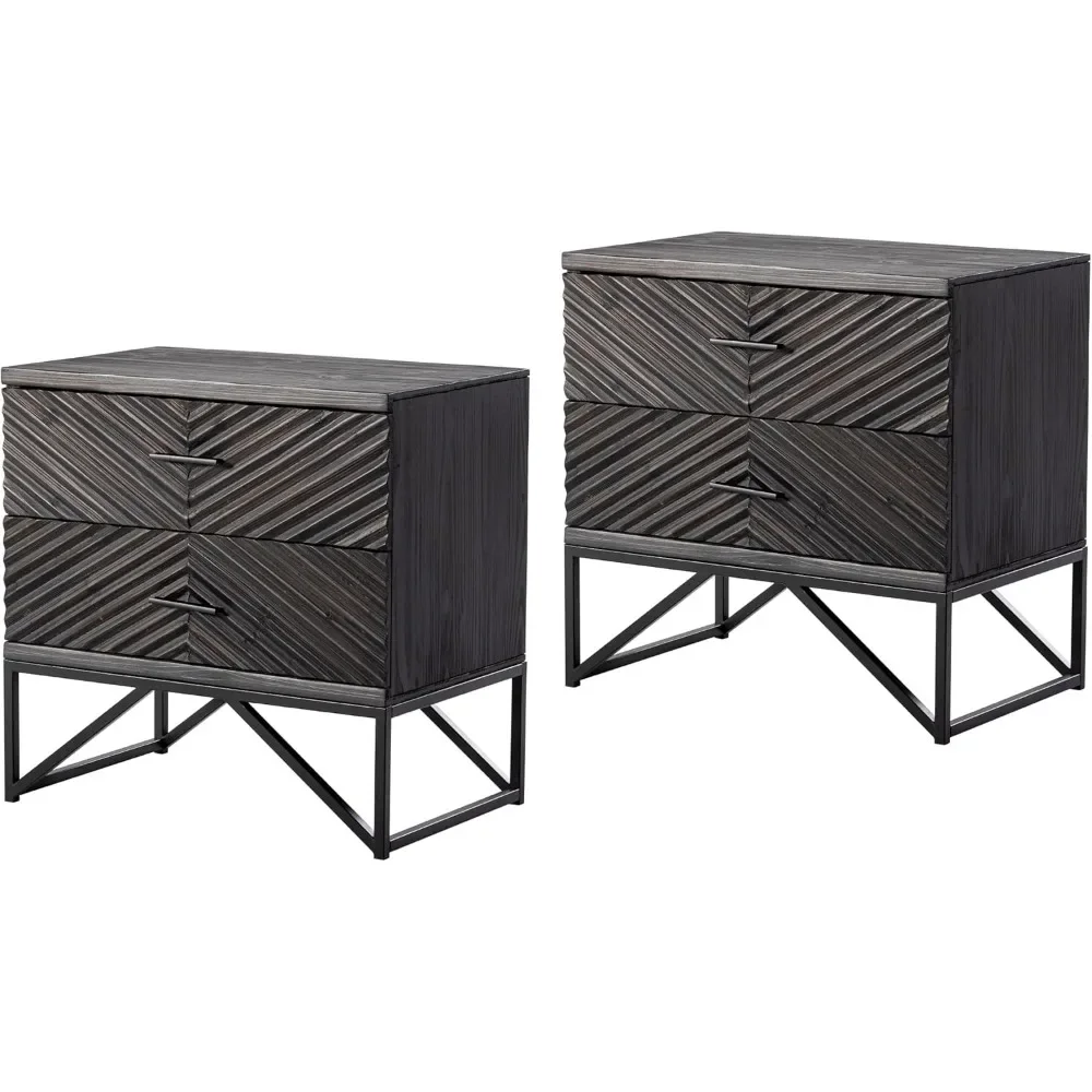 modern,Set of 2 Modern 2-Drawer Nightstand, Contemporary Line Accent End Side Table with Black Metal Base