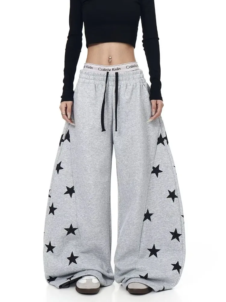 Women's Star Print Pattern Retro Casual Pants Summer Sports Style Girl Straight Trousers Female Wide Legs High Waist Sweatpants