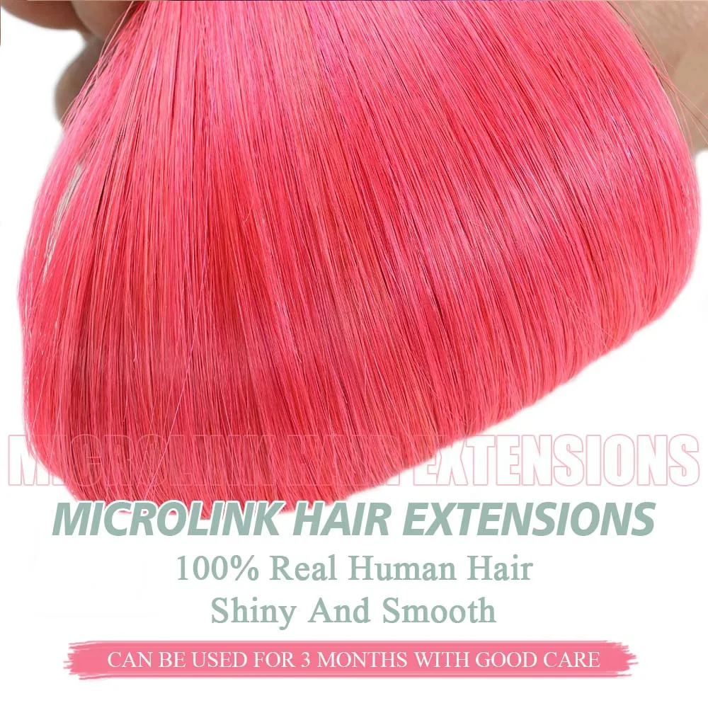 Extensões de cabelo rosa micro loop para mulheres, cabelo humano real, cabelo remy reto natural, cabelo microring colorido, 50g, quente