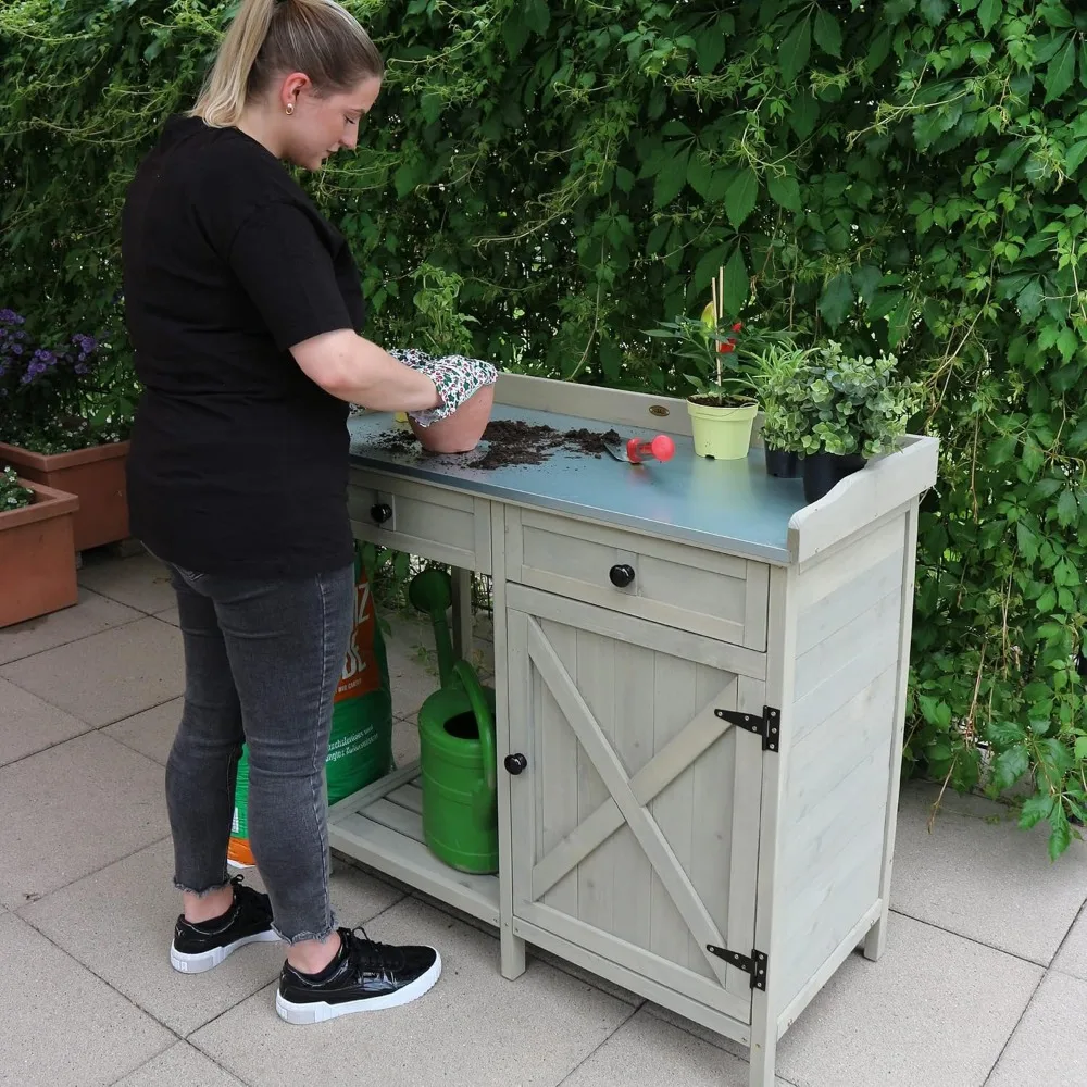 Outdoor Potting Bench with Storage Cabinet & Metal Tabletop, Garden Work Table, Wood Planting Workstation for Patio, w/Drawer