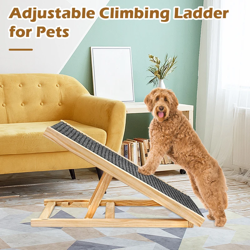 

Wooden Folding Portable Dog and Cat Ramp 2 Levels Height Adjustable Pet Stairs for Bed Sofa and Car Non Slip Carpet Ladder