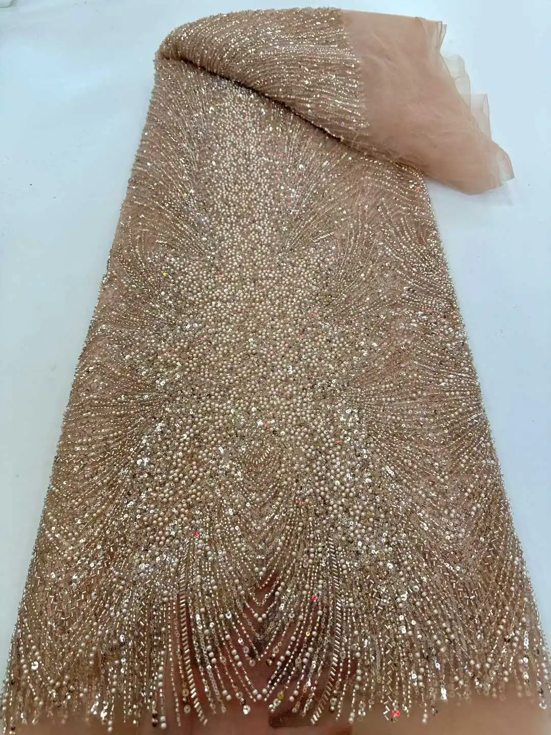 Elegant African Embroidered Beaded Lace Fabric 2026 French Luxury Sequins Tulle Lace Fabric Ladies Wedding Dress