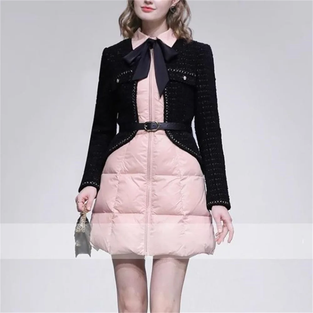 Winter New Fragrance Woolen Splicing Collar Waist Shrinking Slimming Down Jacket aline belt new   ﻿