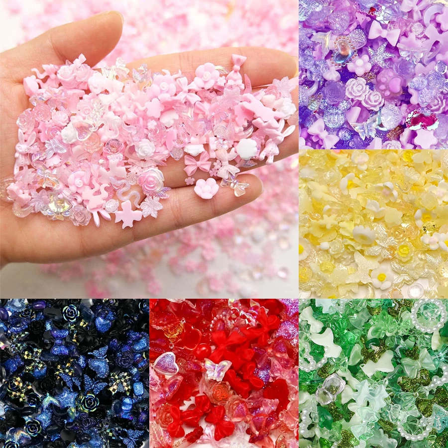 50 Stück leuchtende Kunstharz-Mischdesign-Nagelkunst-Charms, DIY-Perlen für Maniküre, Telefon, Basteln, Rose, Blume, Bär, Kaninchen – Detail 1