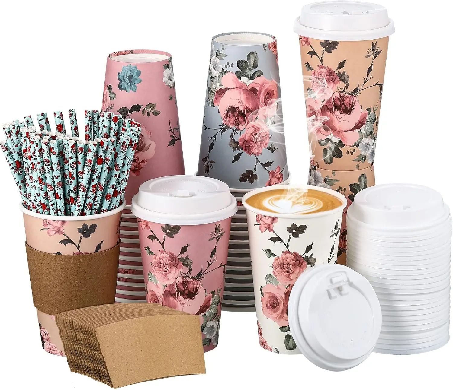 240 Pcs Floral Paper Cups Disposable Coffee Cups Vintage with Lids Sleeves Straws Bulk Hot Drinking Paper Cup for Tea Pa