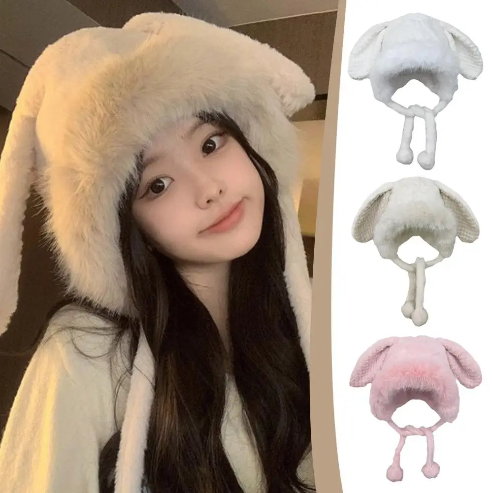 Children's Winter Hairy Hat Cute Plush Rabbit Ears Head Cloth Hat Thickened Warm Yarn Knitted Hat Windproof Accessories War U0X7