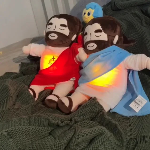 2025 New Children Music Soothing Breathing Doll Jesus Plush Toy Sleep Companion Toy Sound and Light Doll Holiday Gifts for Kids