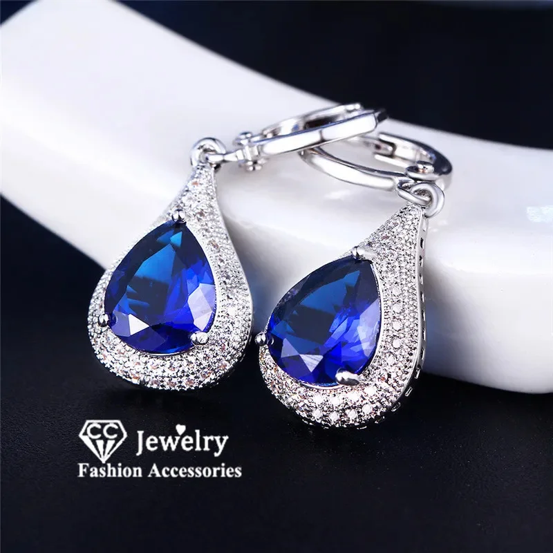 CC Blue Created Sapphire Water Drop Earrings for Women Vintage Jewelry White Gold Plated Dangle Ear Accessories Party CCE020