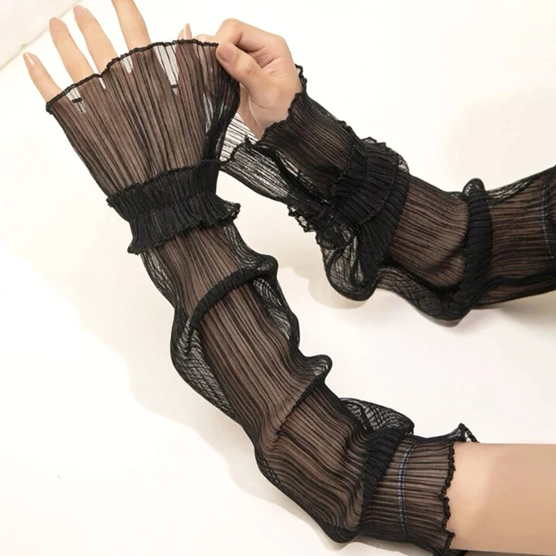 

1 Pair Women Summer Long Fingerless Gloves Sun Protection Arm Warmers Thin Lace Mesh Arm Sleeve Uv Sunscreen Breathable Mittens