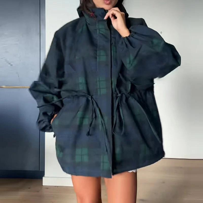 

2026 New Style Stand Collar Drawstring Waist Women Jacket Retro Plaid Casual Loose Windbreaker Outerwear Coat