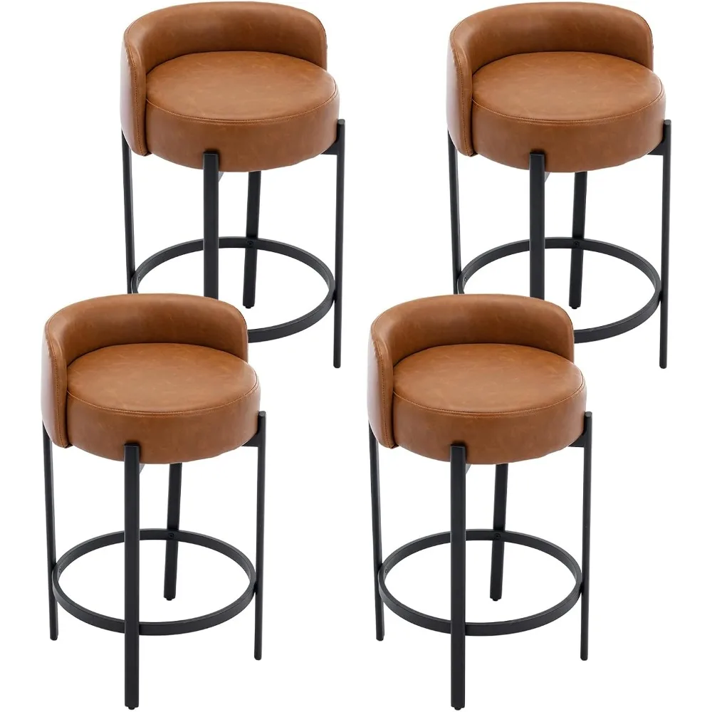 

Counter Height Bar Stools 26" Round Barstools Set of 4, Modern Faux Leather Counter Stools with Black Metal Legs