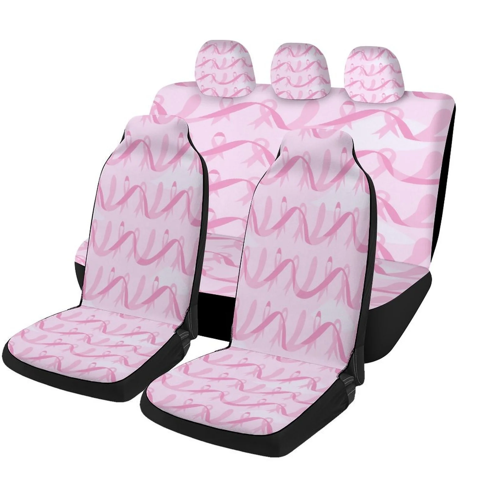 

Pink Ribbon Pattern Car Seat Cover Set - Trendy Novelty High-Quality Full Set For 2 Front & Rear Seats, Machine Washable, All-Se